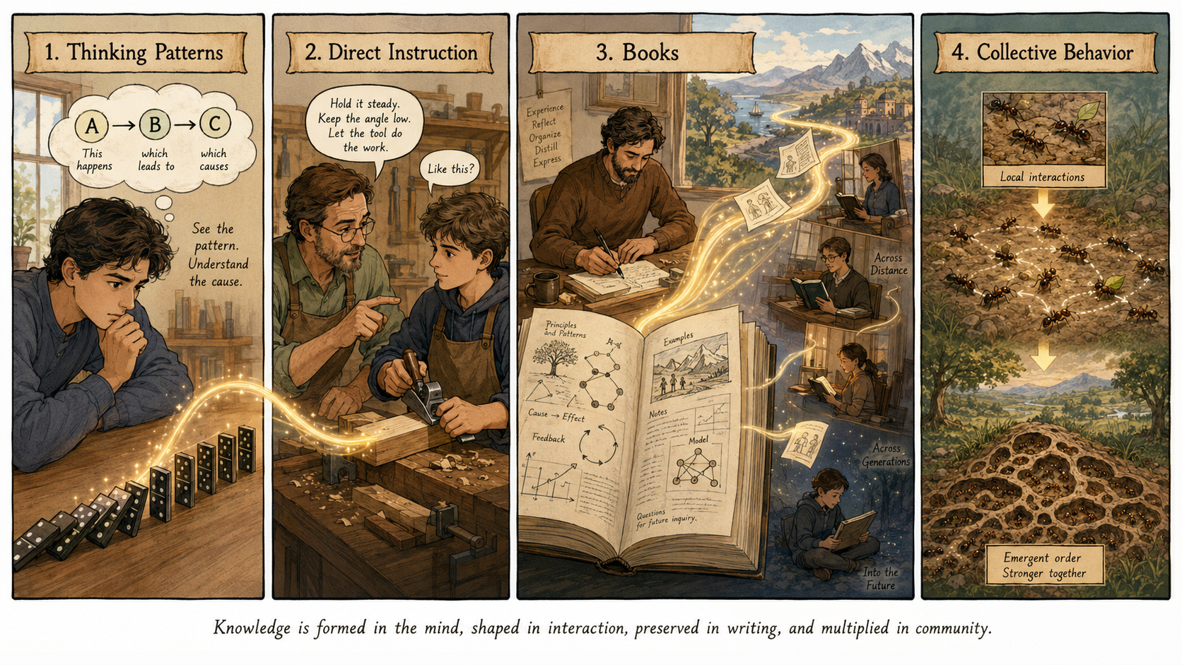 Four media of human knowledge: thinking patterns, direct instruction, books, and collective behavior.